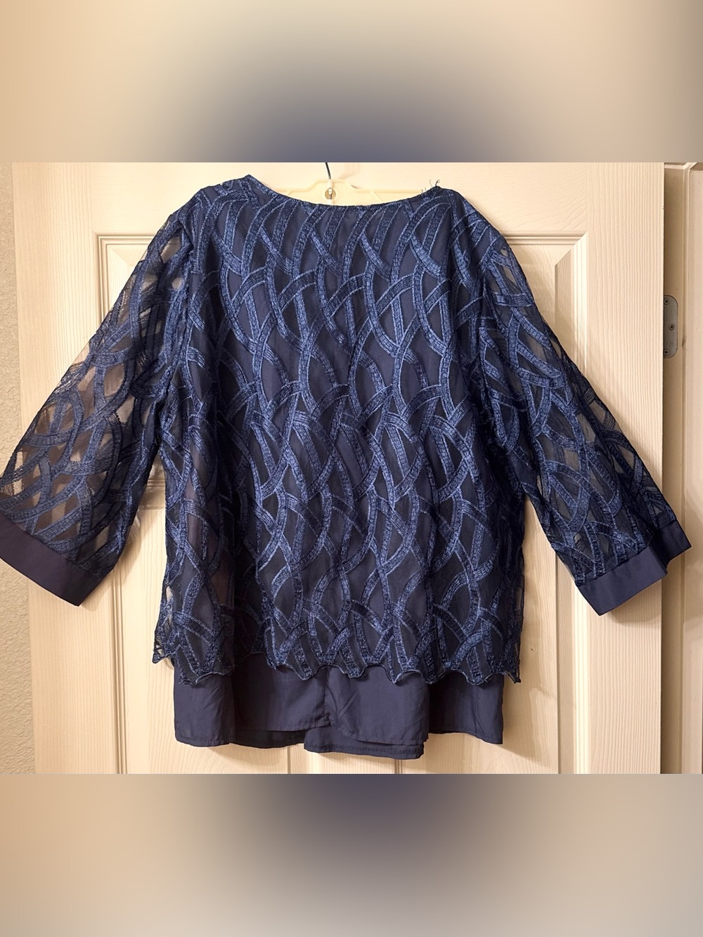 Elegant Lace Overlay Tunic Layered Mesh 3/4 Sleeve Top Navy 1XL - Picture 7 of 8